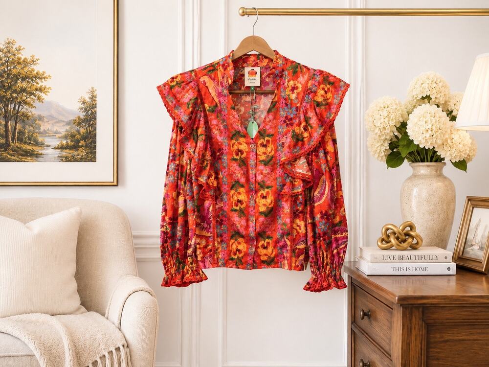 Farm Rio Red Spring Bananas Blouse NWT Lg Floral Ruffle Balloon Sleeve Resort